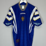 1996/98 Sweden Away Shirt by Adidas in medium size, blue with white and yellow stripes, excellent condition.