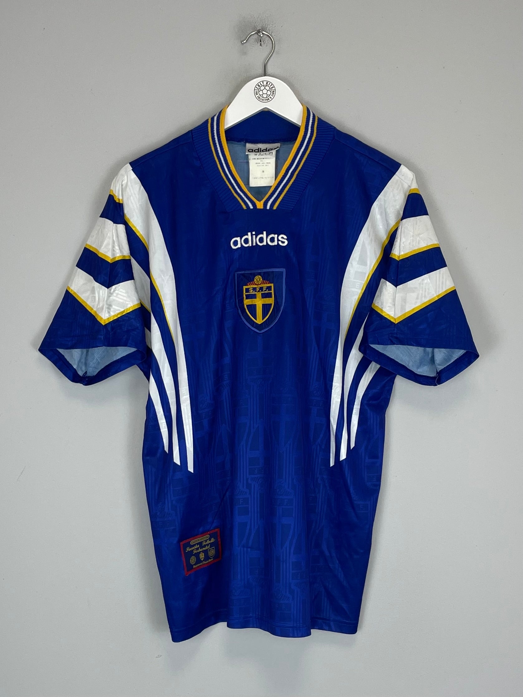 1996/98 Sweden Away Shirt by Adidas in medium size, blue with white and yellow stripes, excellent condition.