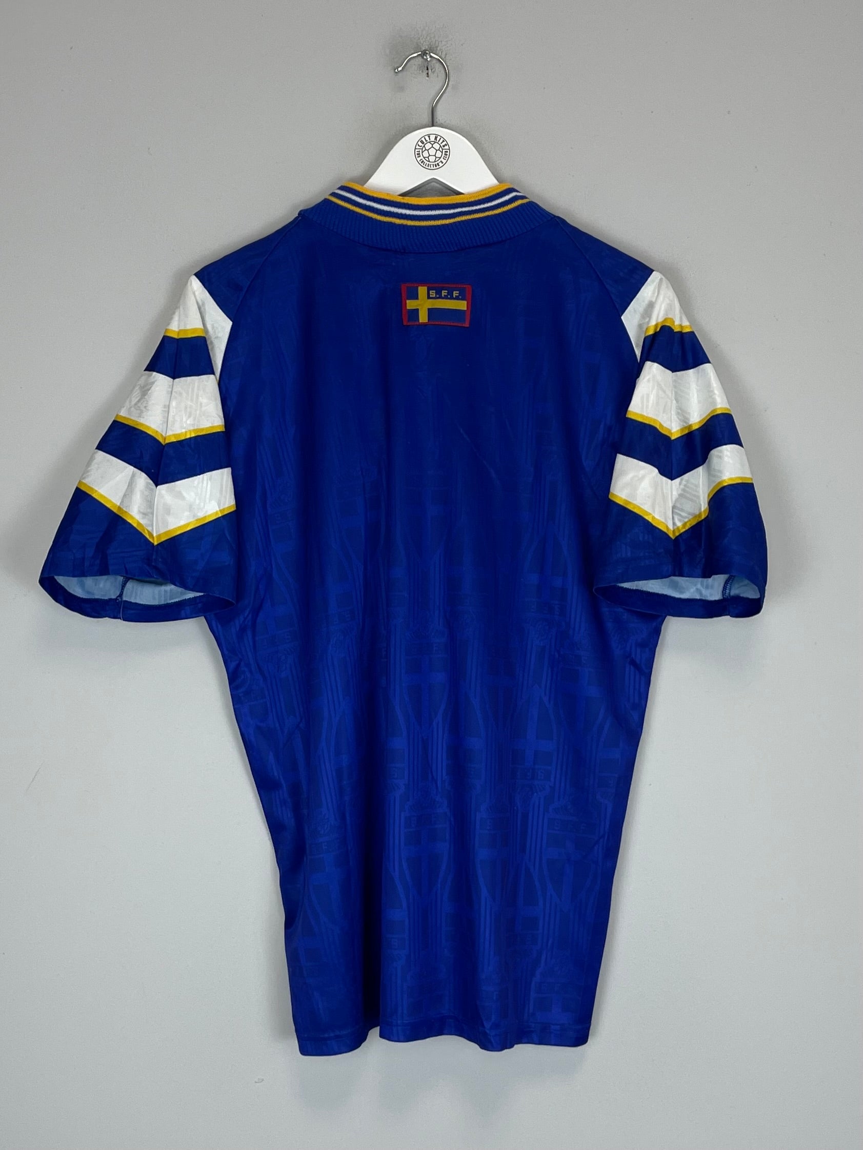 Back view of 1996/98 Sweden Away Shirt by Adidas, size Medium, in excellent condition, showcasing blue and white design.