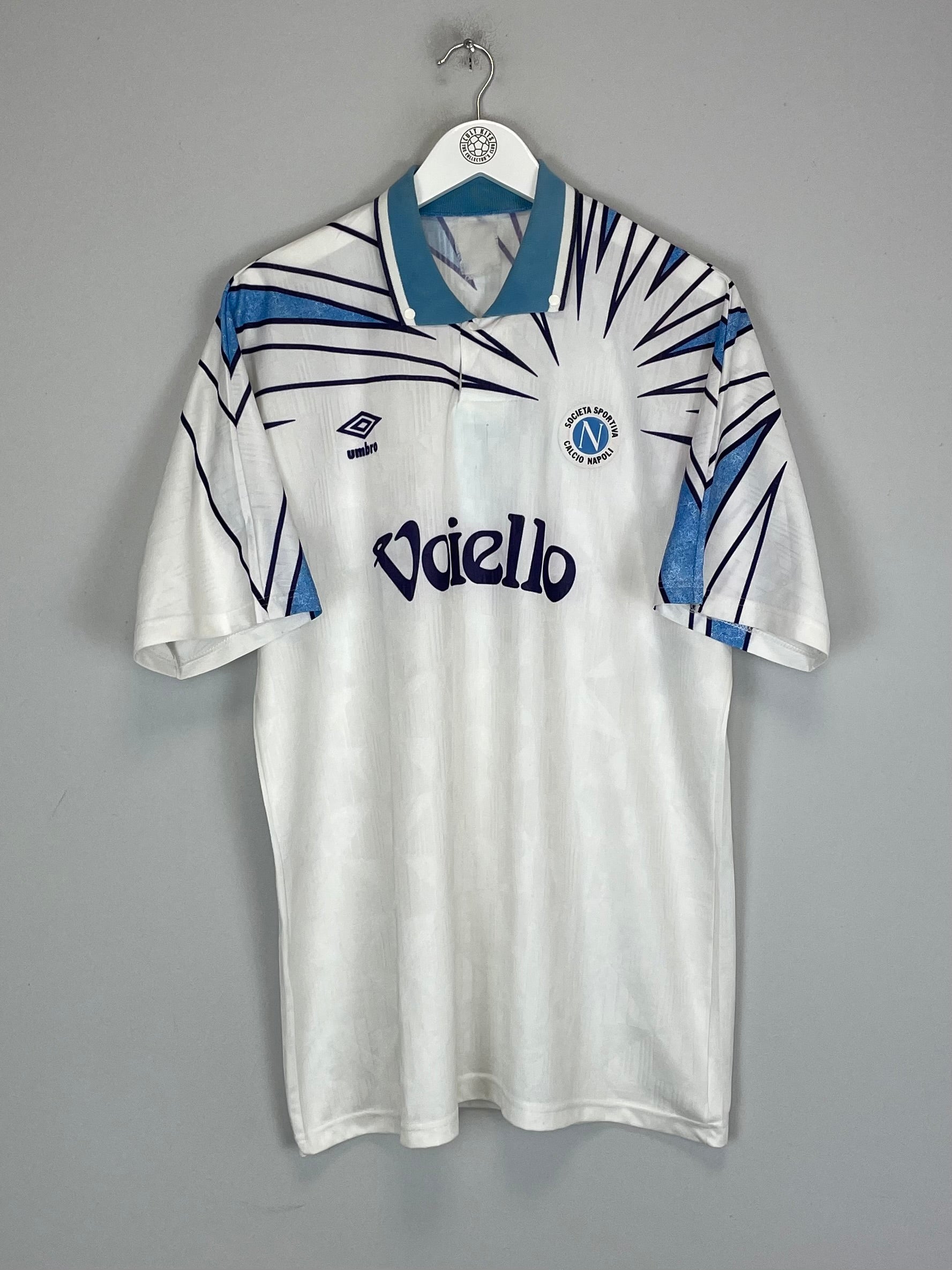 1991/93 Napoli away shirt by Umbro, size XL, featuring unique blue and white design, excellent condition.