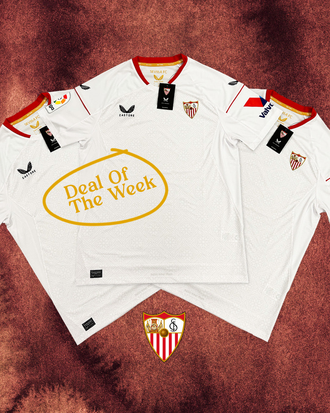 cult kits | deal of the week , sevilla 22/23 castore home shirt , only £19.99 , football shirt , soccer jersey , deal , money saver , retro , classic football shirts , brand new with tags , reduced to clear .