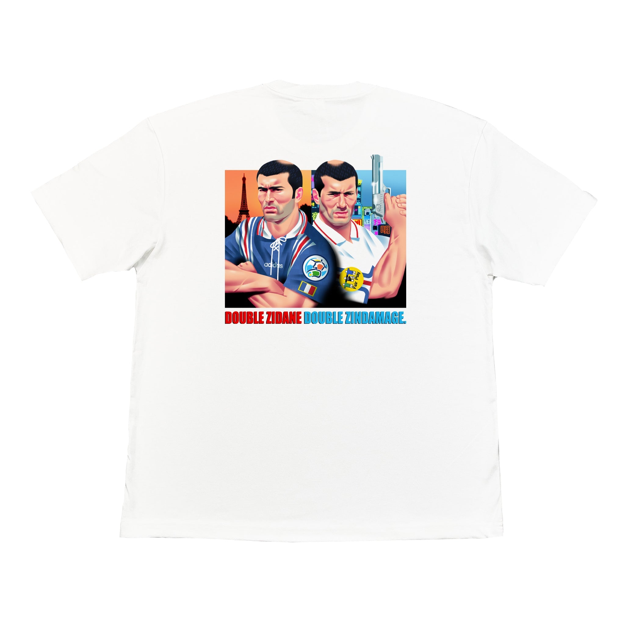 White Double Zindamage Pop-Up Graphic Tee - France Zidane Bootleg available at Cult Kits
