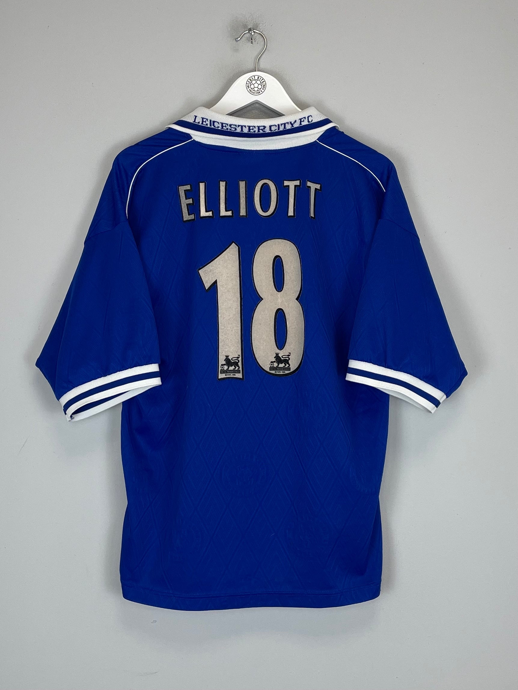 Shop 1998/00 LEICESTER CITY ELLIOT #18 HOME SHIRT (L) FOX LEISURE, classic football shirts, vintage football shirts & retro soccer jerseys at Cult Kits