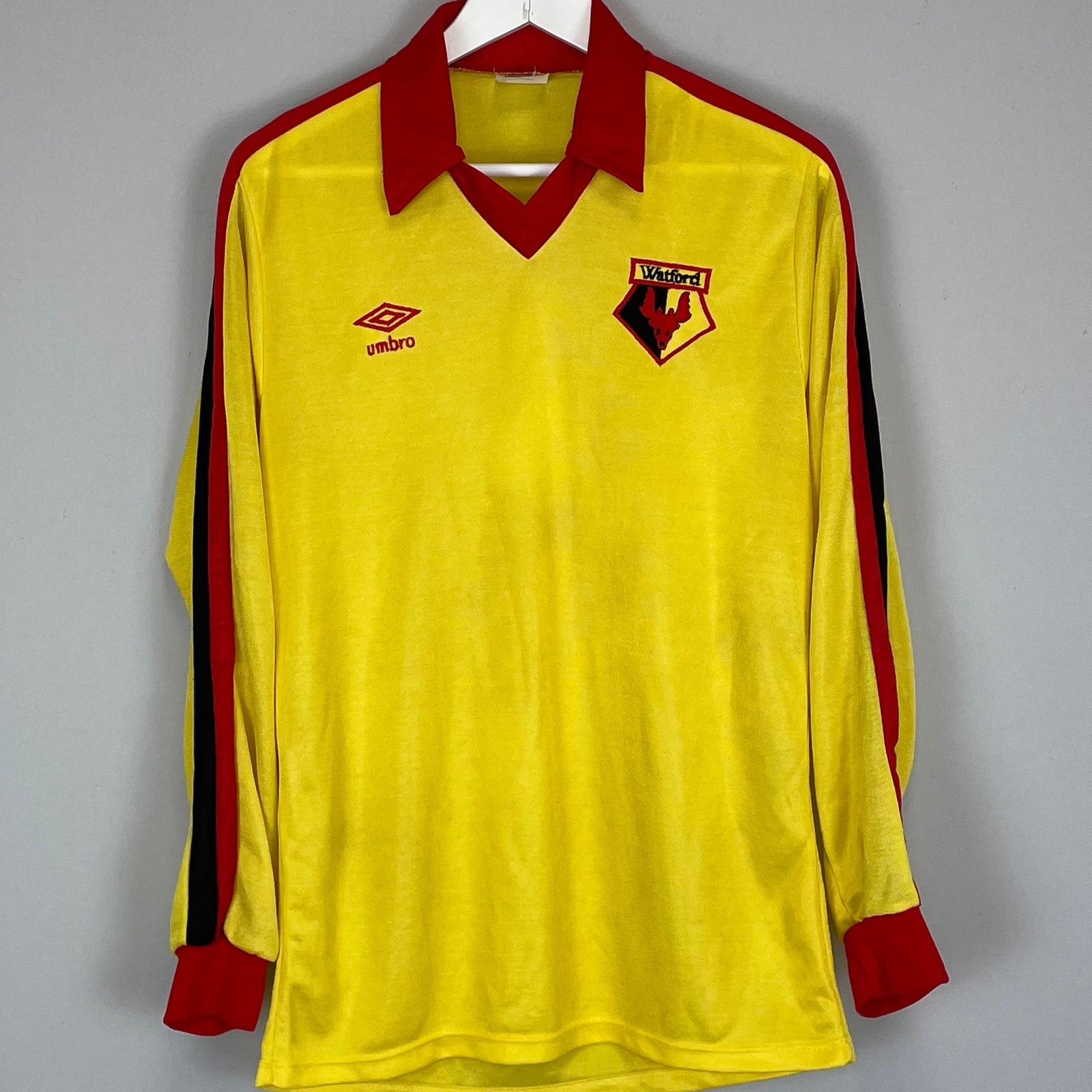Shop 1978/92 WATFORD L/S HOME SHIRT (M) UMBRO, classic football shirts, vintage football shirts & retro soccer jerseys at Cult Kits