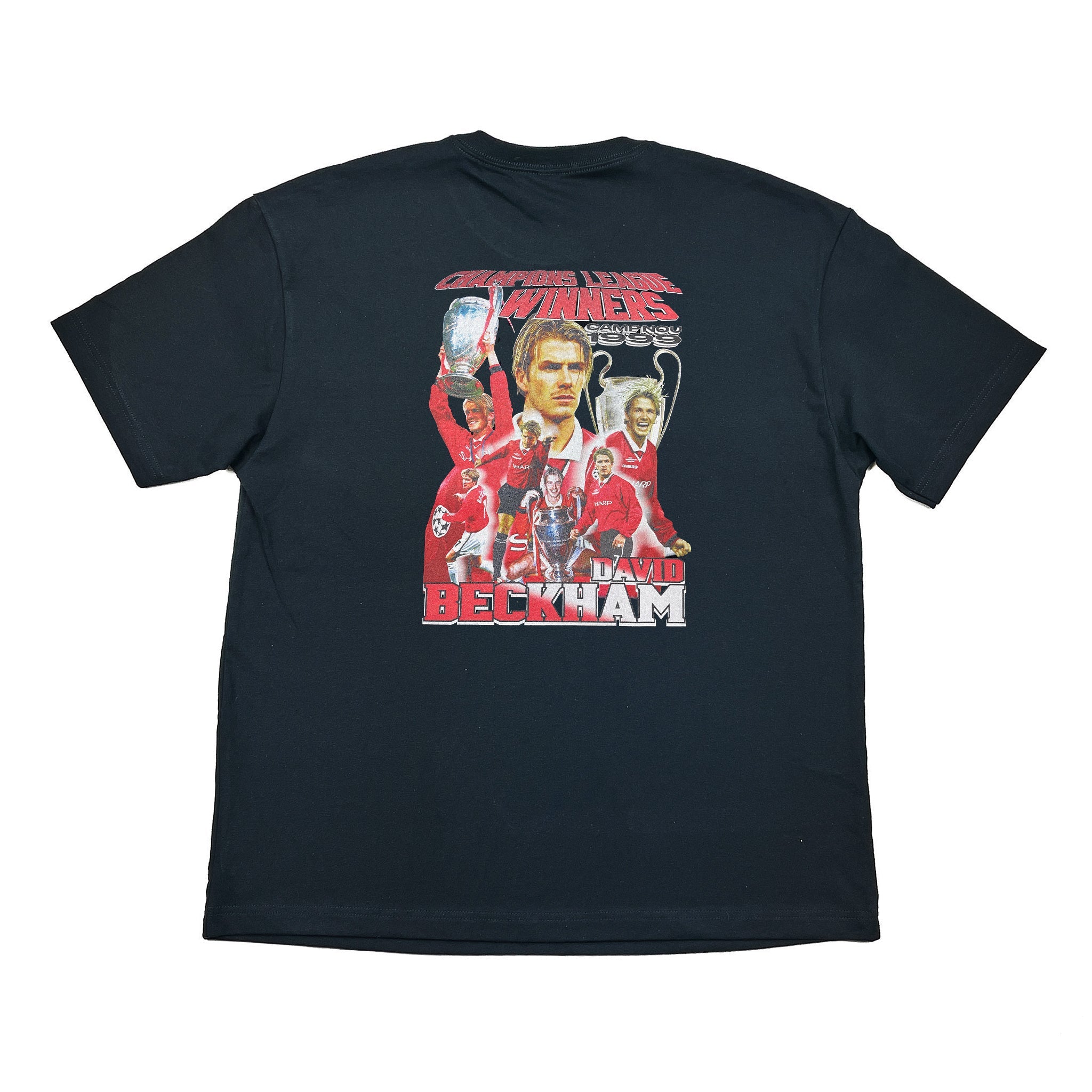Black Manchester United Beckham 'Camp Nou 1999' Bootleg Tee at Cult Kits