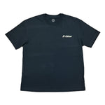 Black t-shirt with a small graphic on the chest against a white background