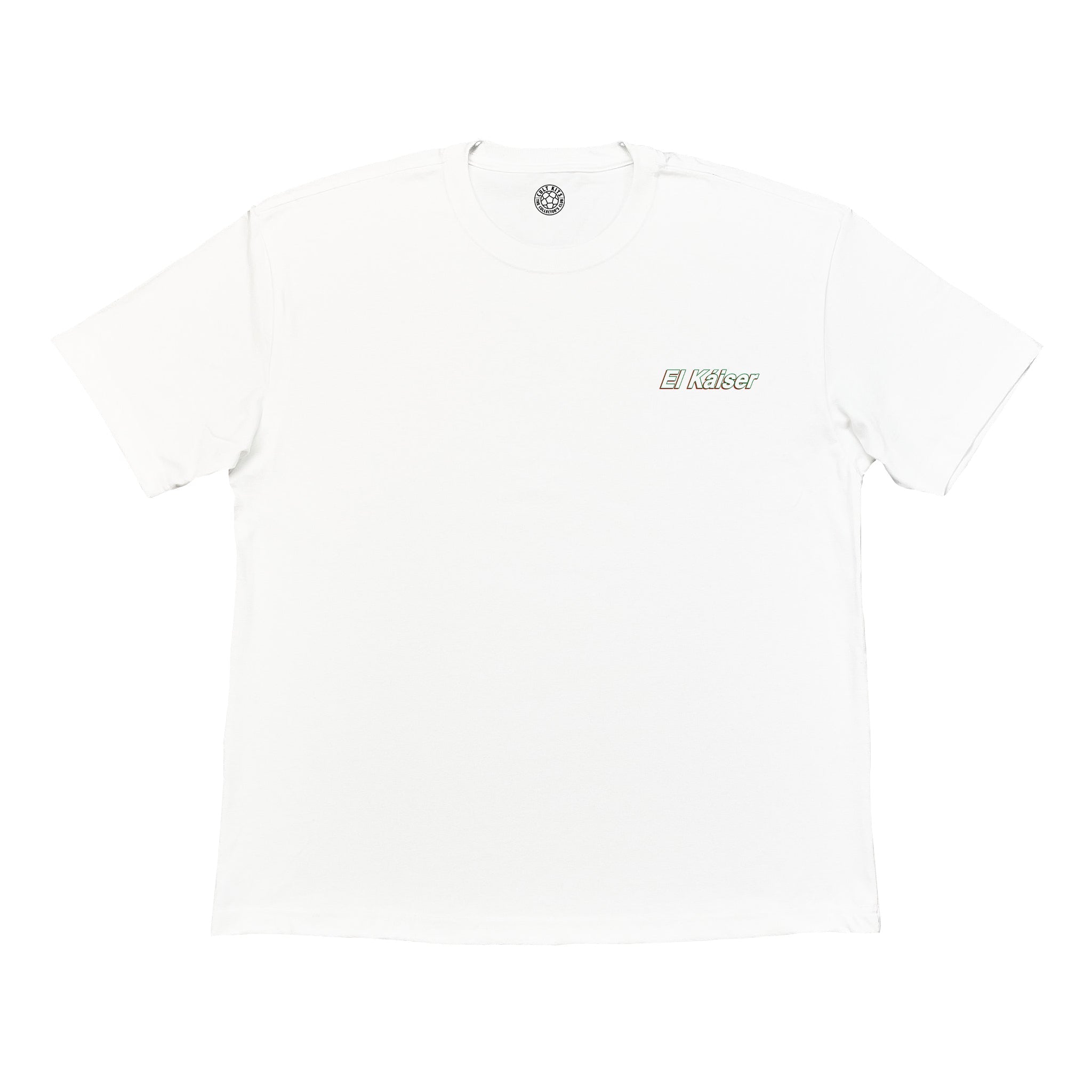 A white short-sleeve crewneck t-shirt with a small 'El Kaiser' graphic printed on the left chest in green and black, displayed flat against a white background.