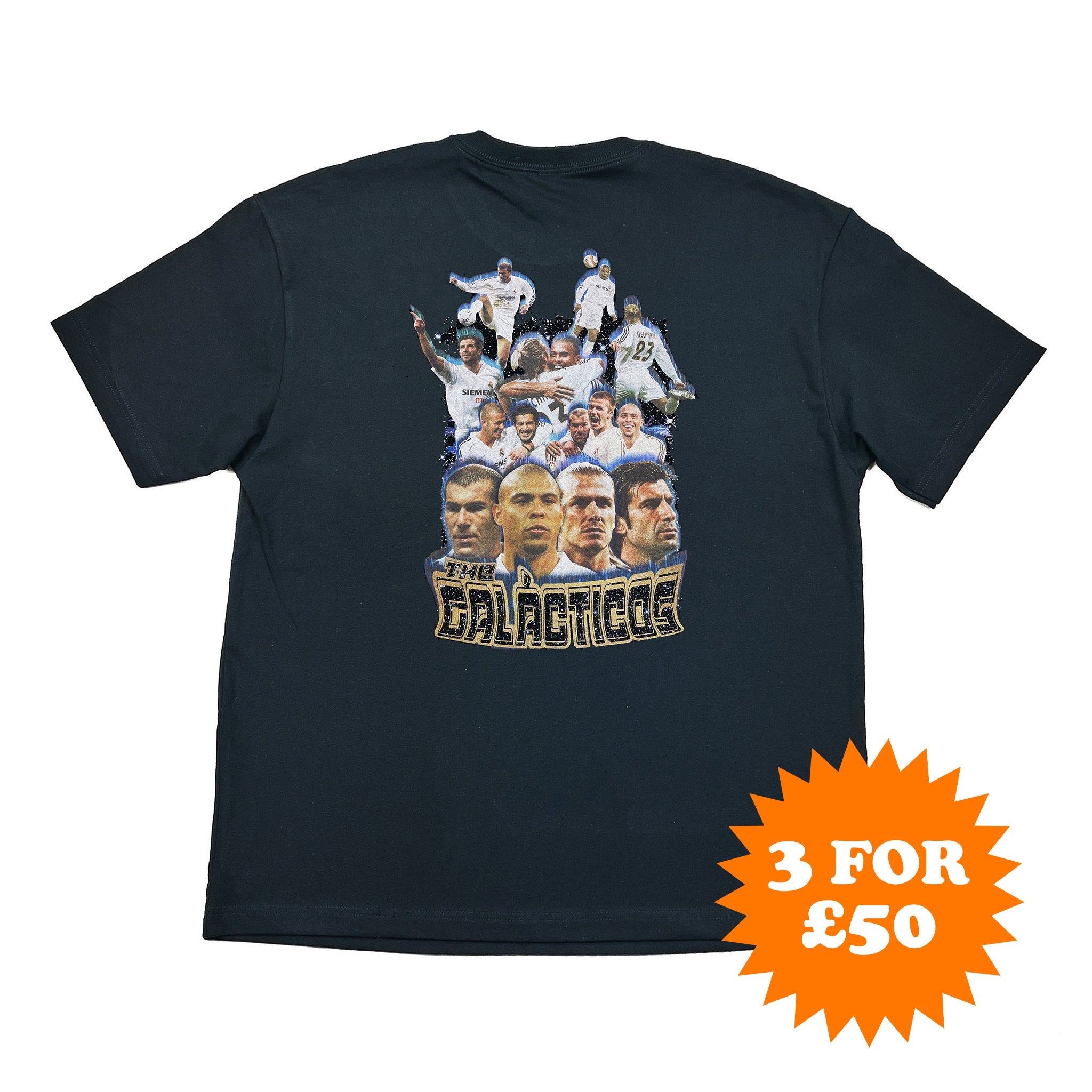 Buy the Real Madrid Galácticos Bootleg Tee, inspired by the legendary team of the 2000s featuring icons like Zidane, Ronaldo, Beckham, and Figo