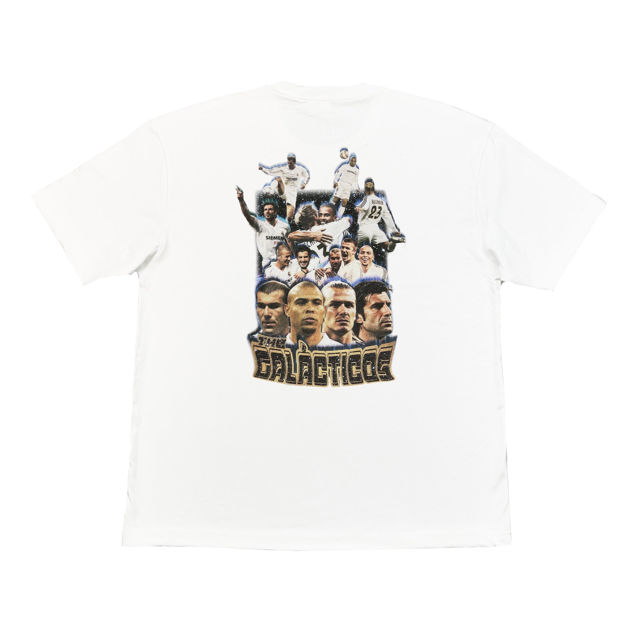 Buy the white Real Madrid Galácticos Bootleg Tee, inspired by the legendary team of the 2000s featuring icons like Zidane, Ronaldo, Beckham, and Figo