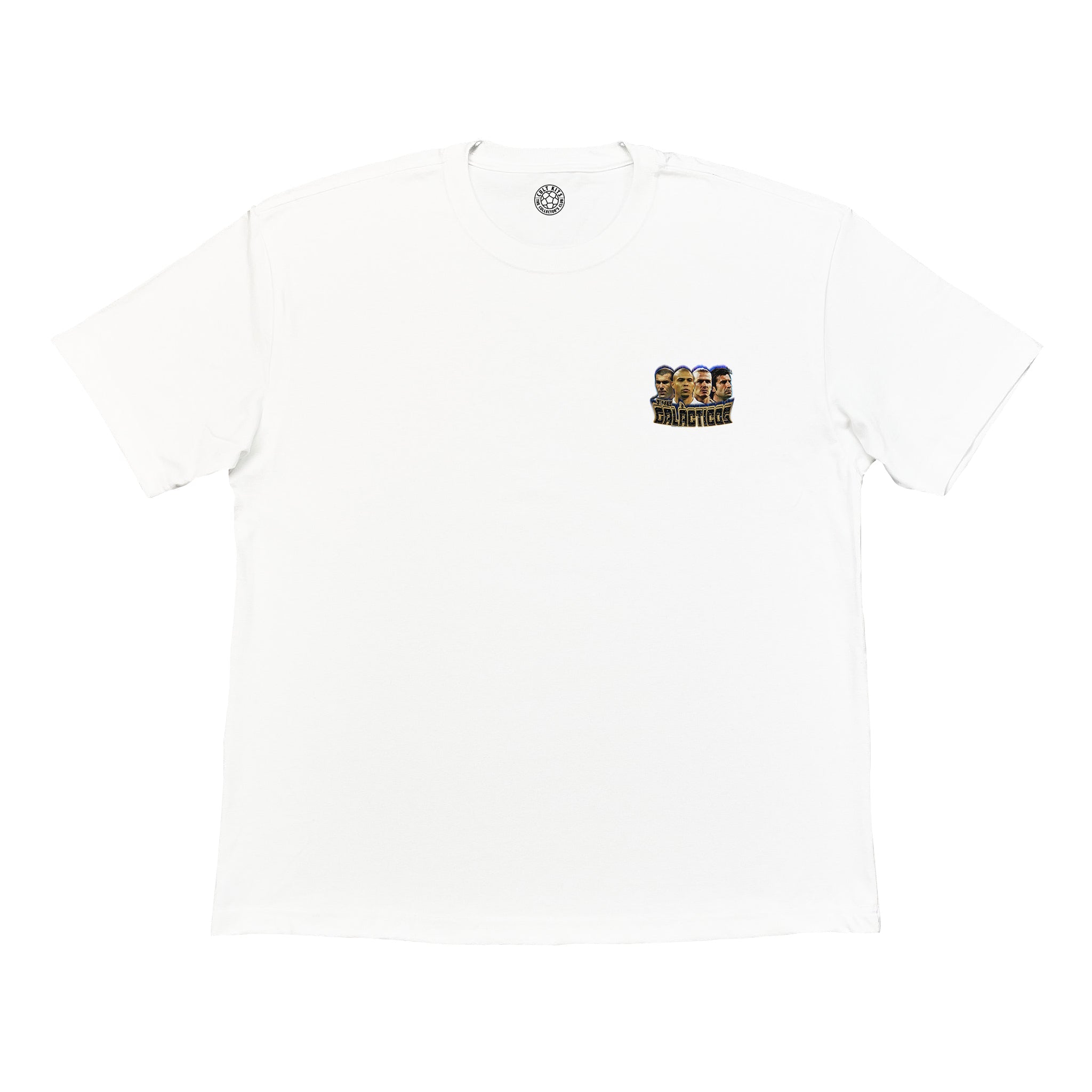 Buy the white Real Madrid Galácticos Bootleg Tee, inspired by the legendary team of the 2000s featuring icons like Zidane, Ronaldo, Beckham, and Figo (front)