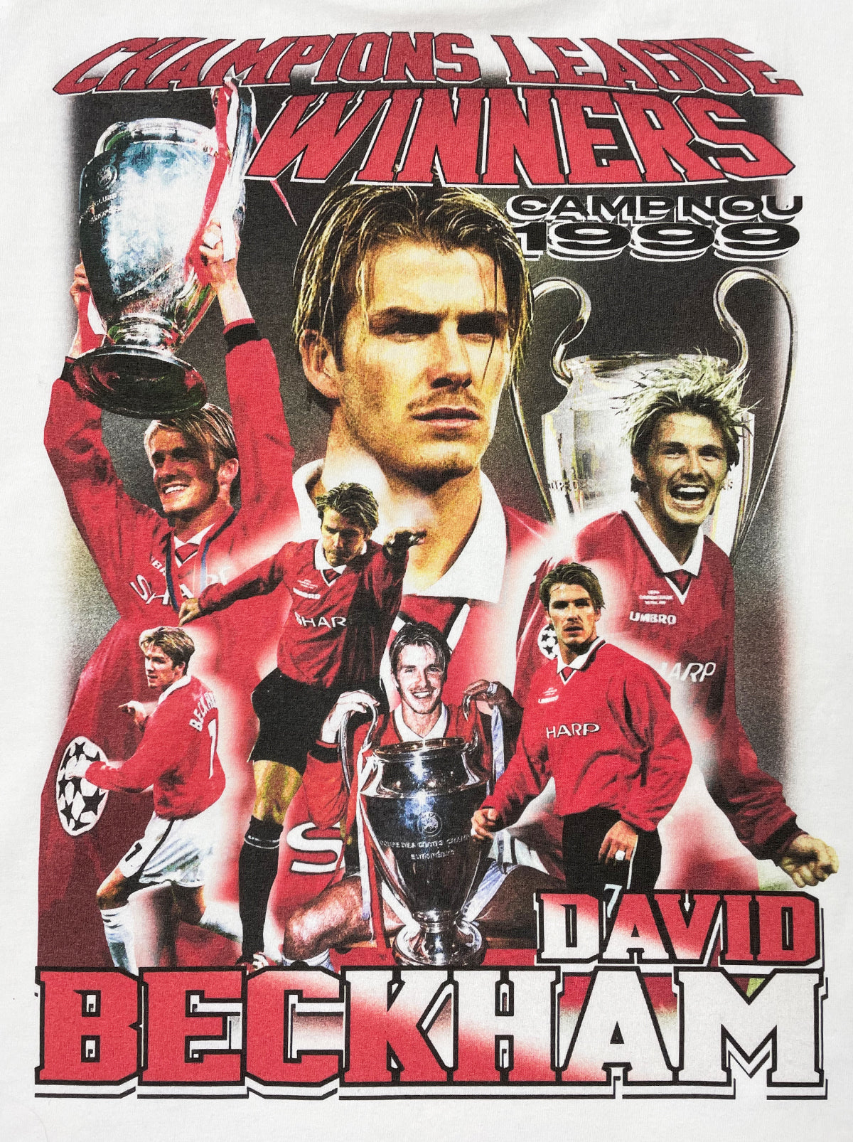 Shop MANCHESTER UNITED BECKHAM 'CAMP NOU 1999' BOOTLEG TEE, classic football shirts, vintage football shirts & retro soccer jerseys at Cult Kits