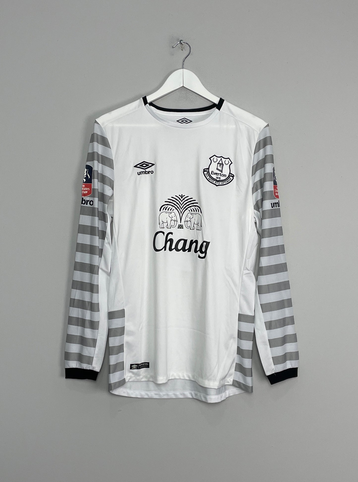 2015/16 EVERTON STONES #5 *MATCH ISSUE + SIGNED* L/S CUP AWAY SHIRT (M) UMBRO