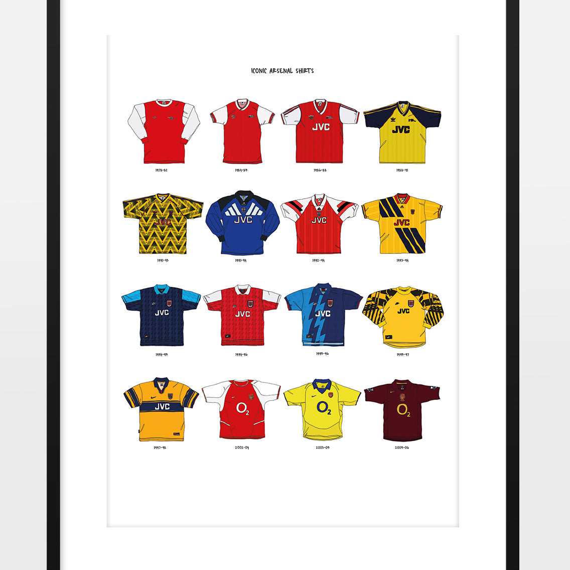 Shop ICONIC ARSENAL SHIRTS A3 PRINT, classic football shirts, vintage football shirts & retro soccer jerseys at Cult Kits