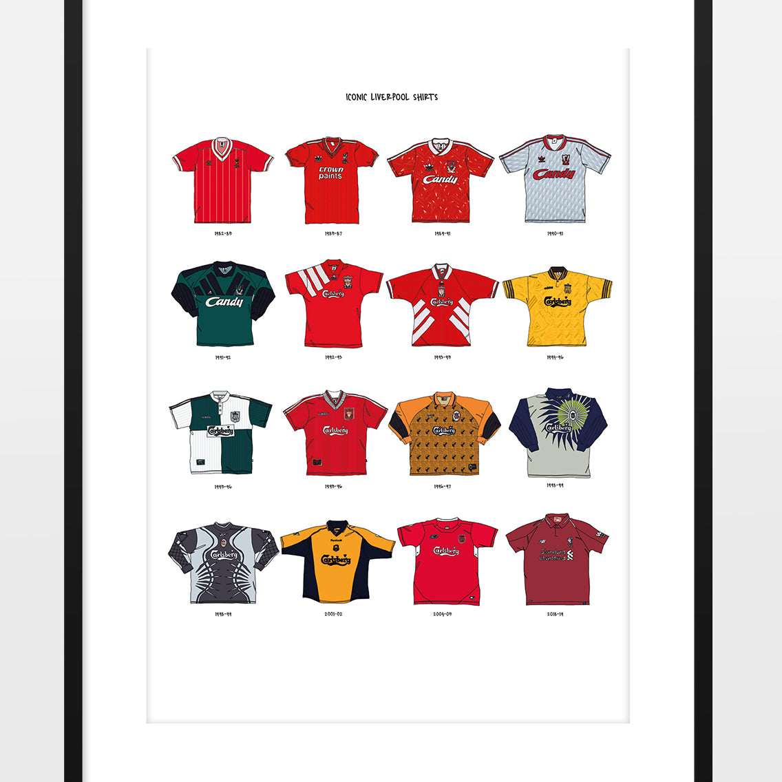 Shop ICONIC LIVERPOOL SHIRTS A3 PRINT, classic football shirts, vintage football shirts & retro soccer jerseys at Cult Kits