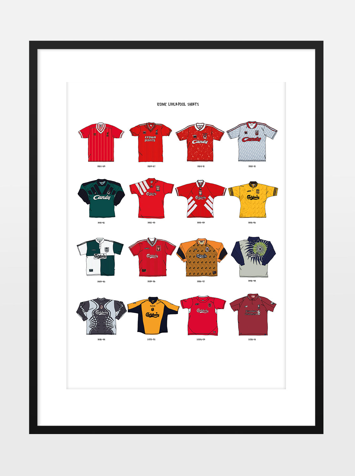 ICONIC LIVERPOOL SHIRTS A3 PRINT