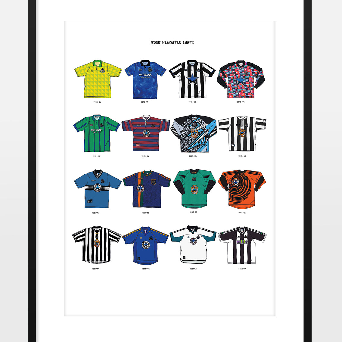 Shop ICONIC NEWCASTLE UNITED SHIRTS A3 PRINT, classic football shirts, vintage football shirts & retro soccer jerseys at Cult Kits